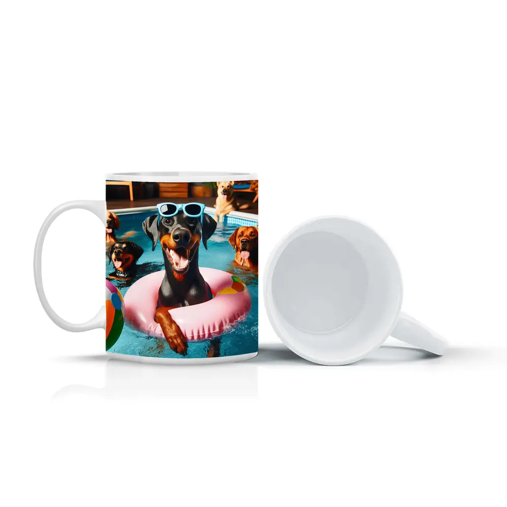 Doberman Pinscher Chilling in Pool Party – Mugs