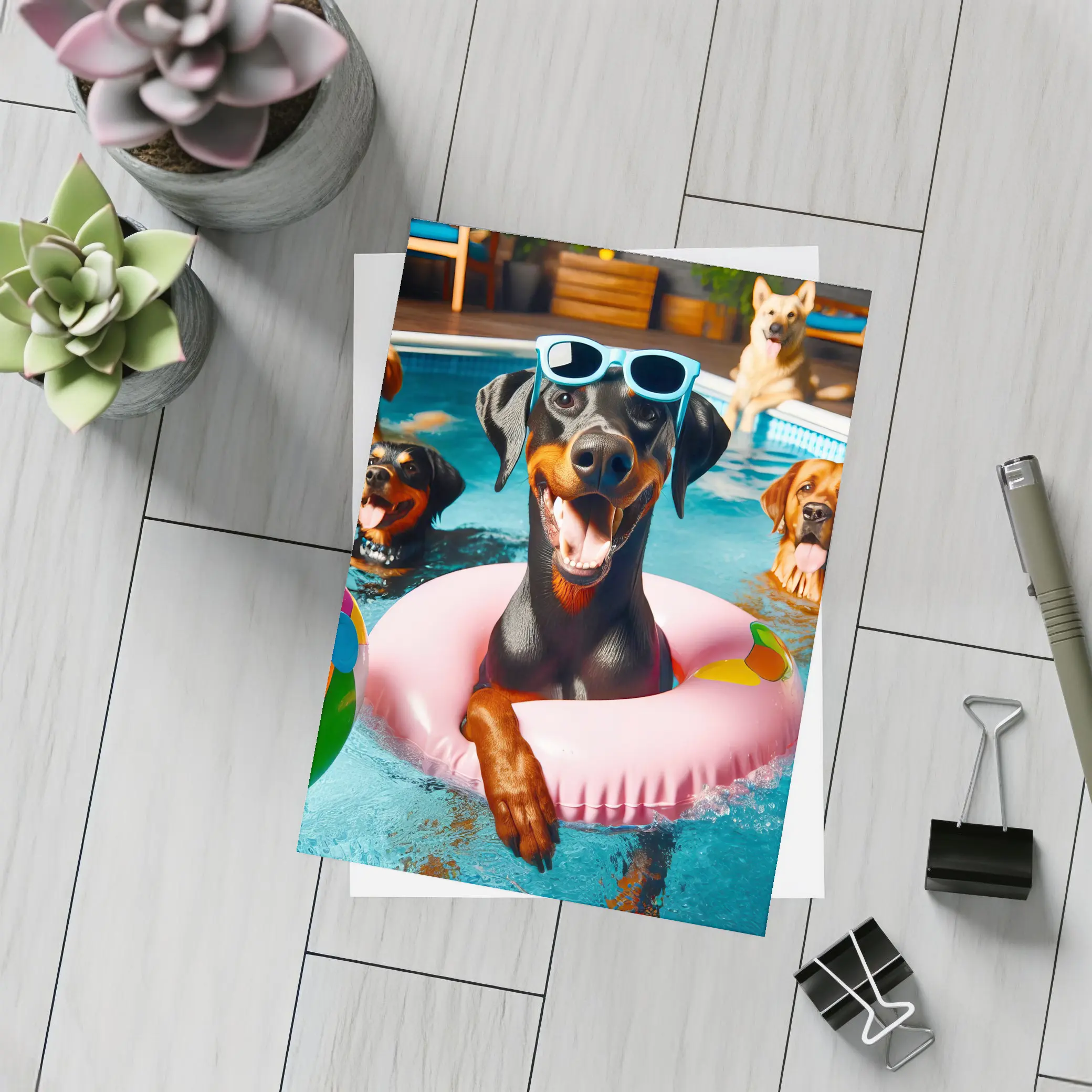Doberman Pinscher Chilling in Pool Party – Postcards