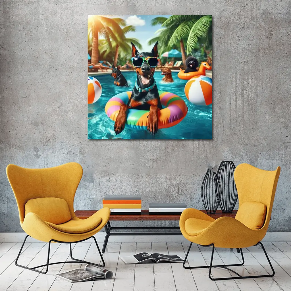 Doberman Pinscher Relaxing at Summer Pool Party – Wall Art