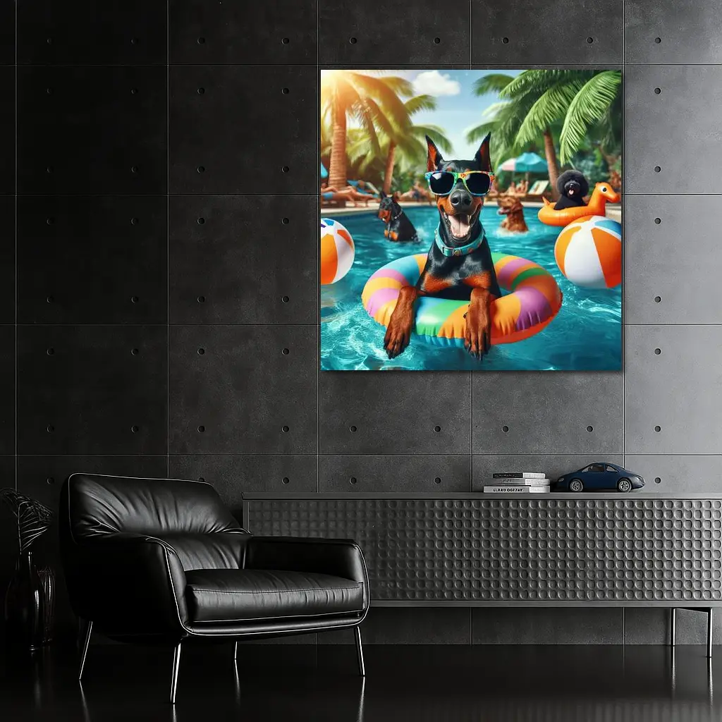 Doberman Pinscher Relaxing at Summer Pool Party – Wall Art