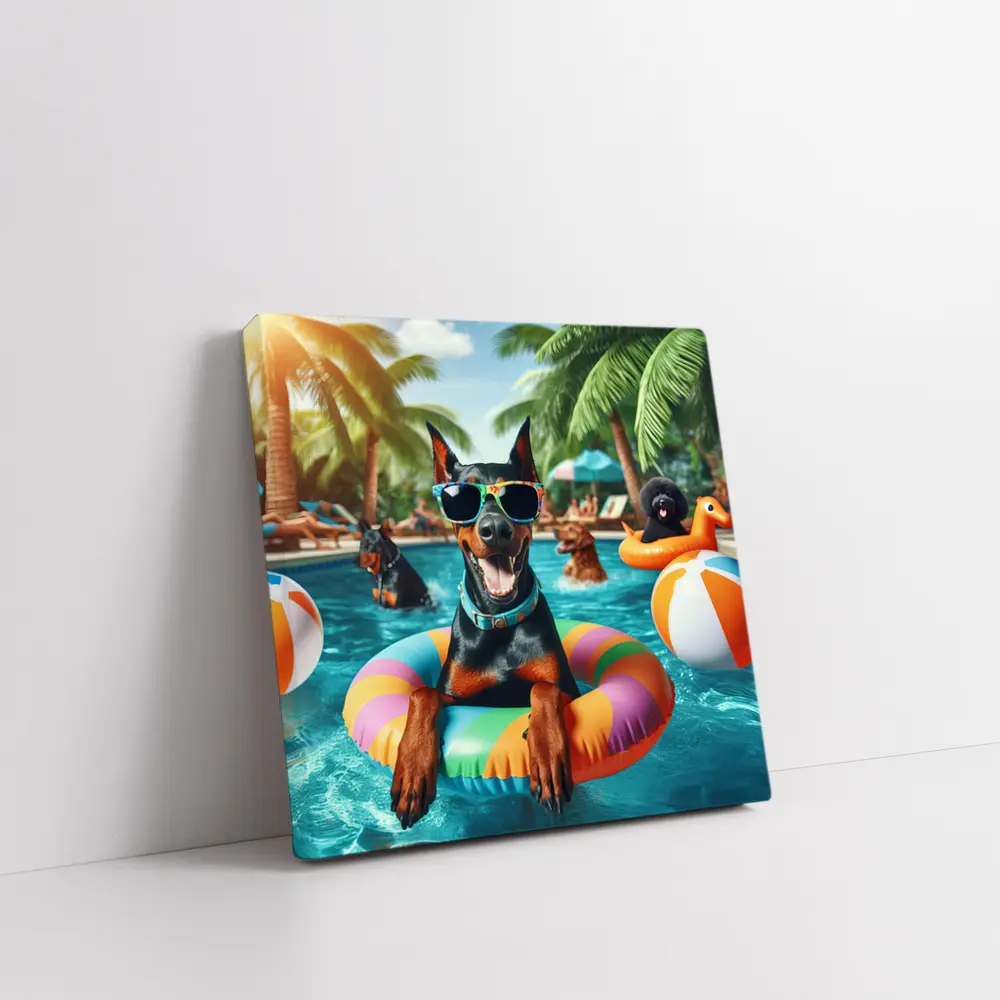 Doberman Pinscher Relaxing at Summer Pool Party – Wall Art