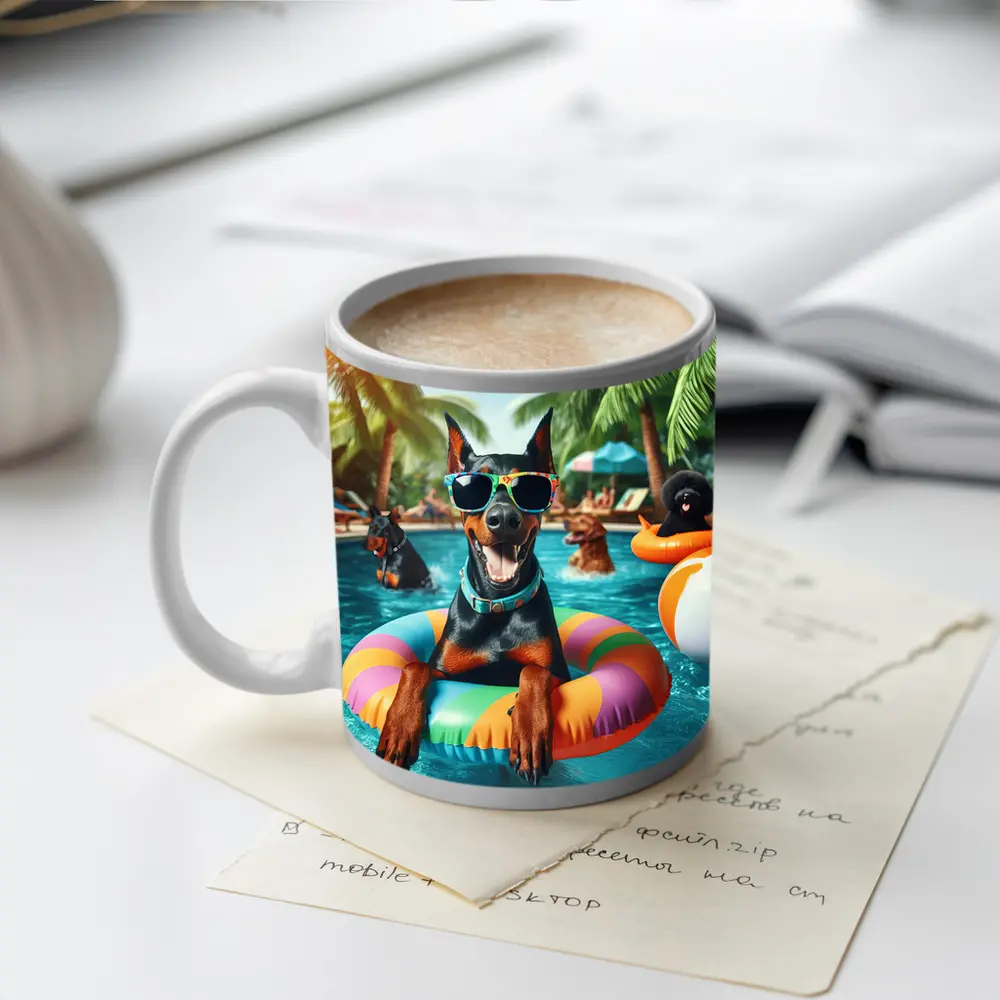 Doberman Pinscher Relaxing at Summer Pool Party – Mugs