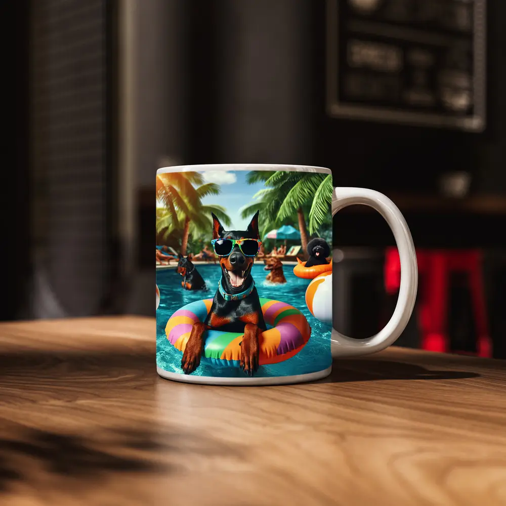 Doberman Pinscher Relaxing at Summer Pool Party – Mugs