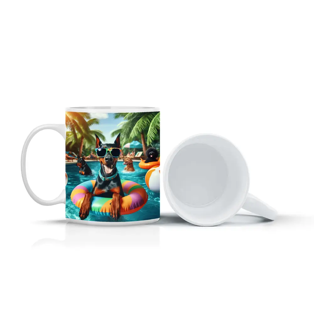 Doberman Pinscher Relaxing at Summer Pool Party – Mugs