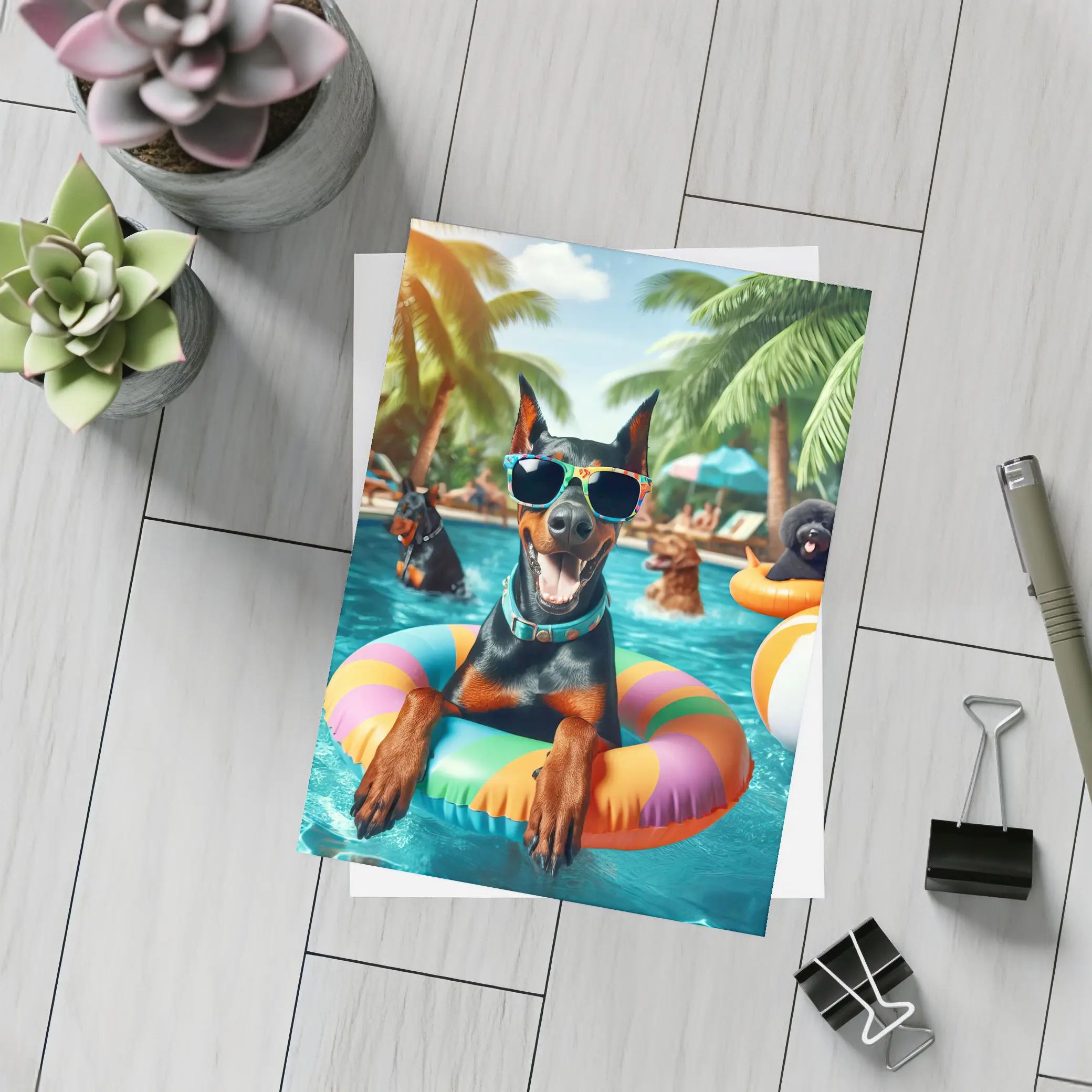 Doberman Pinscher Relaxing at Summer Pool Party – Postcards
