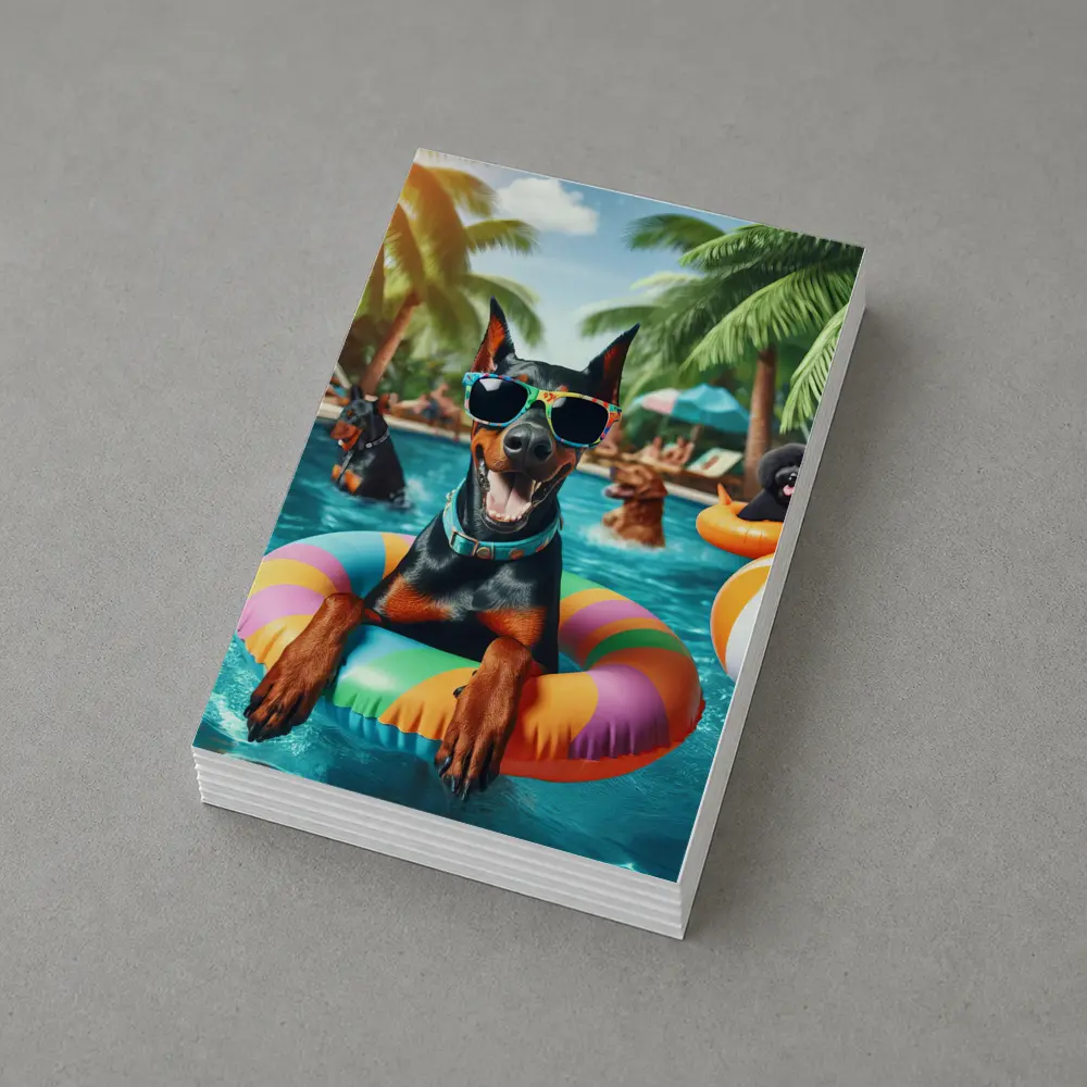 Doberman Pinscher Relaxing at Summer Pool Party – Postcards
