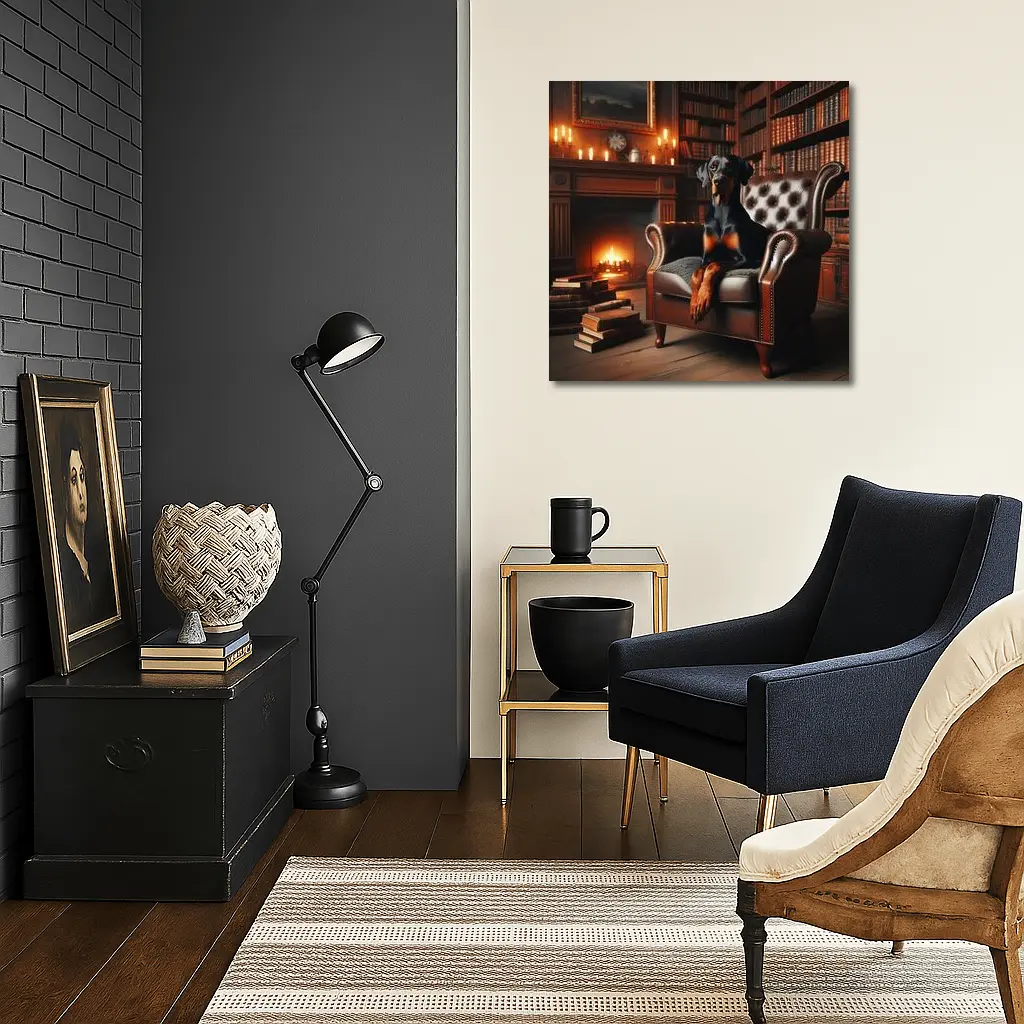 Doberman Pinscher Sitting Library Fireplace Armchair – Wall Art