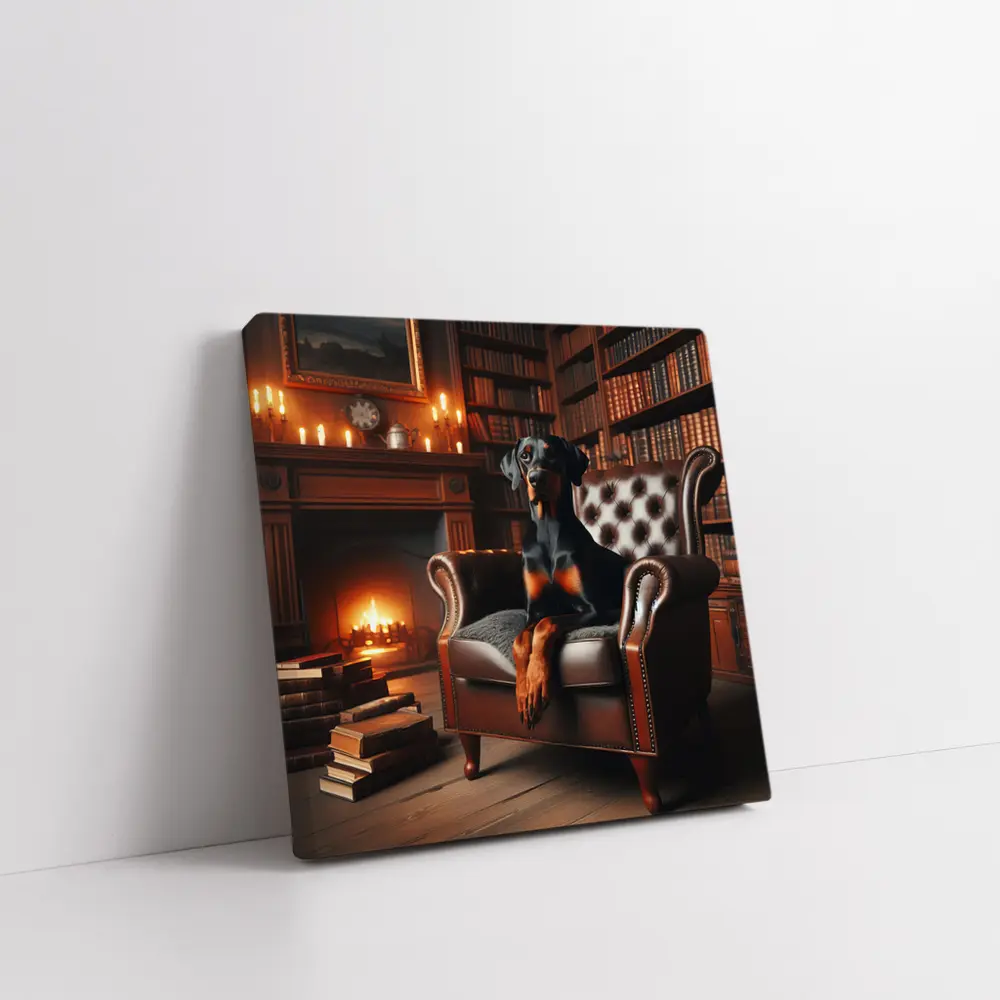 Doberman Pinscher Sitting Library Fireplace Armchair – Wall Art