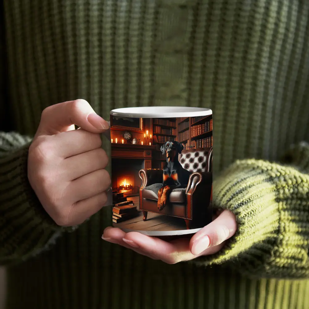 Doberman Pinscher Sitting Library Fireplace Armchair – Mugs