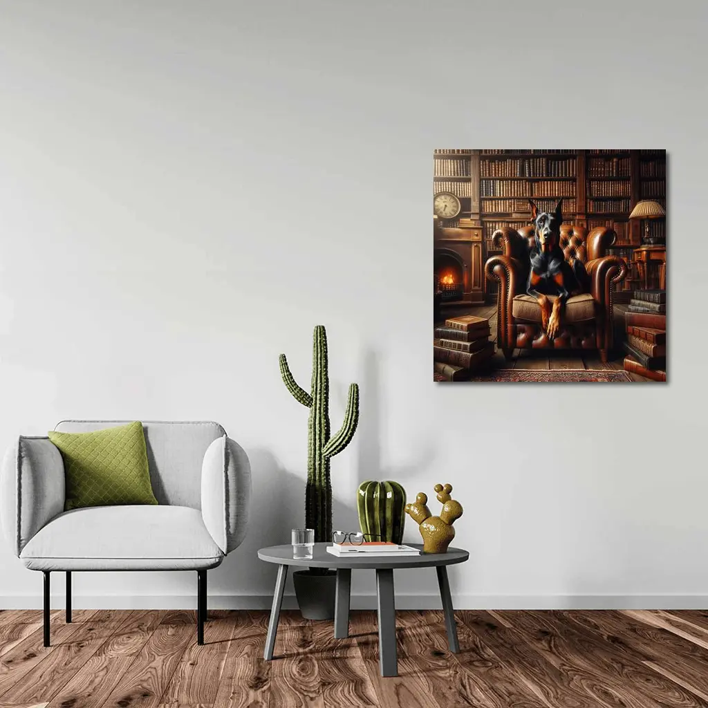 Doberman Pinscher In Cozy Library Armchair – Wall Art