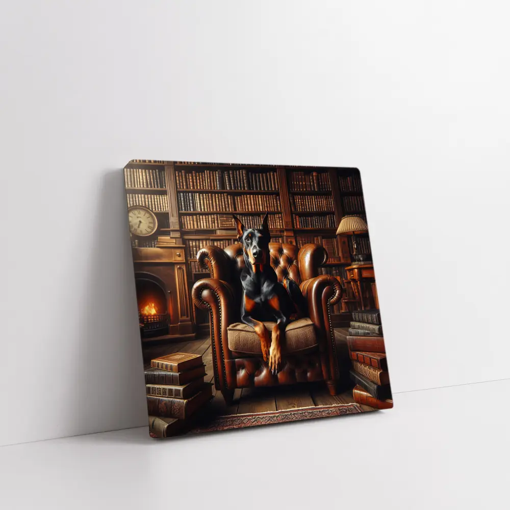 Doberman Pinscher In Cozy Library Armchair – Wall Art