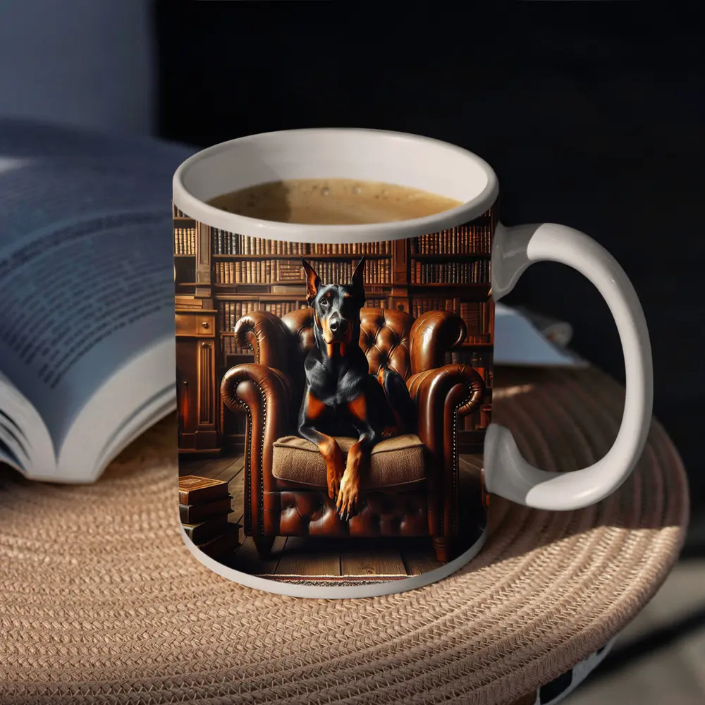 Doberman Pinscher In Cozy Library Armchair – Mugs