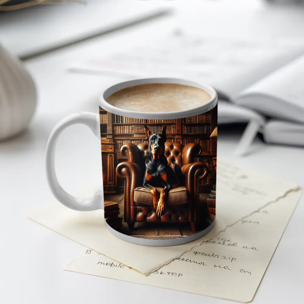 Doberman Pinscher In Cozy Library Armchair – Mugs