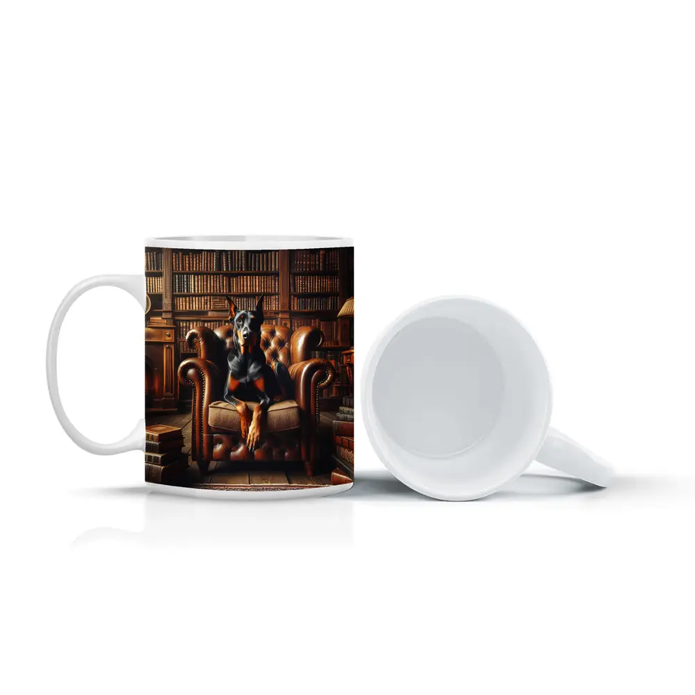 Doberman Pinscher In Cozy Library Armchair – Mugs