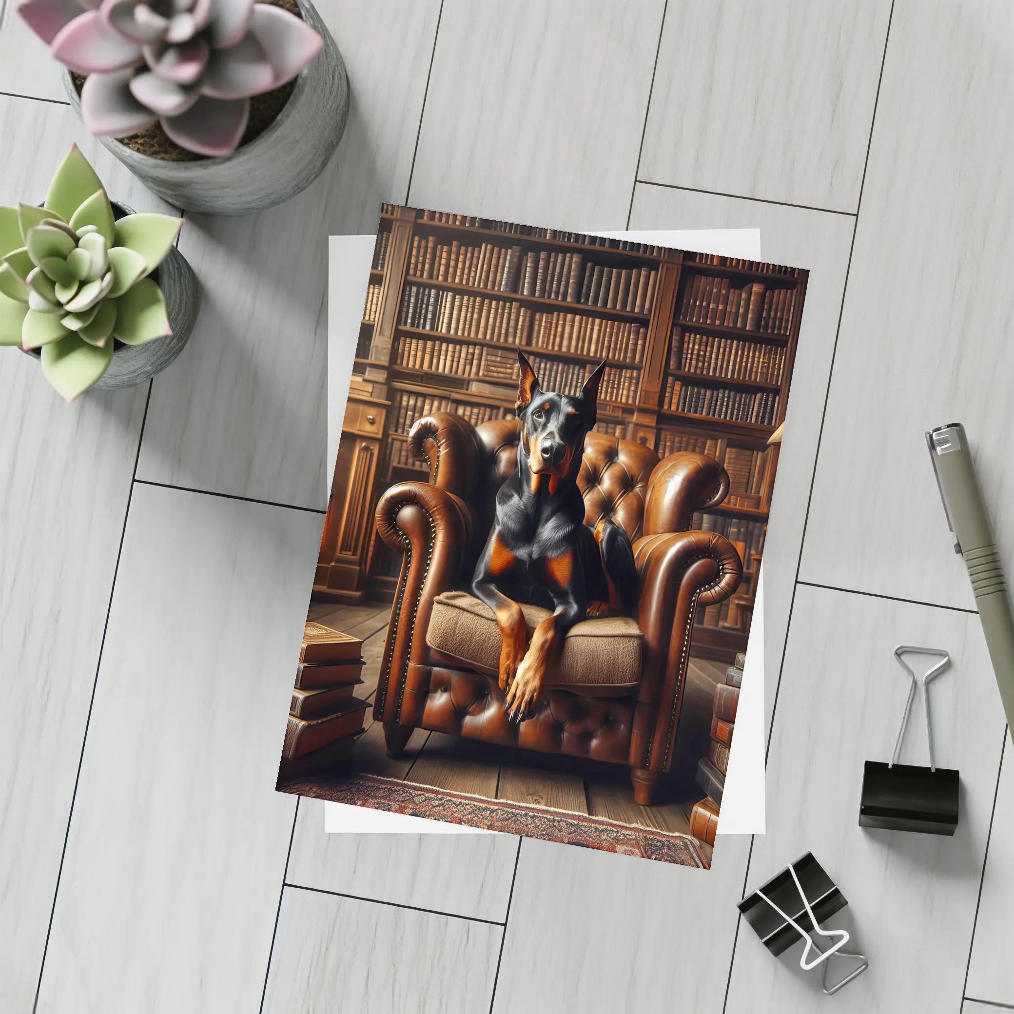 Doberman Pinscher In Cozy Library Armchair – Postcards
