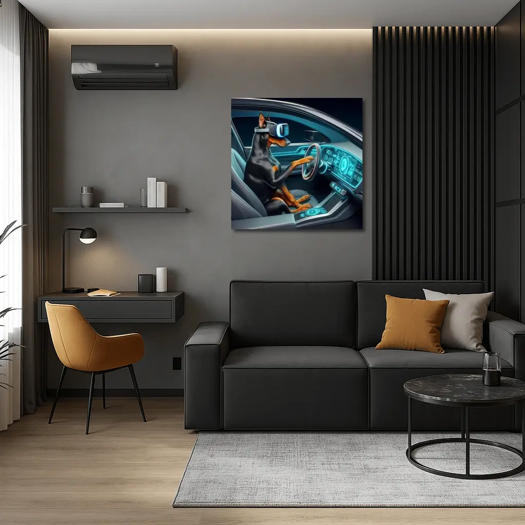 Doberman Driving Futuristic Car VR Headset – Wall Art