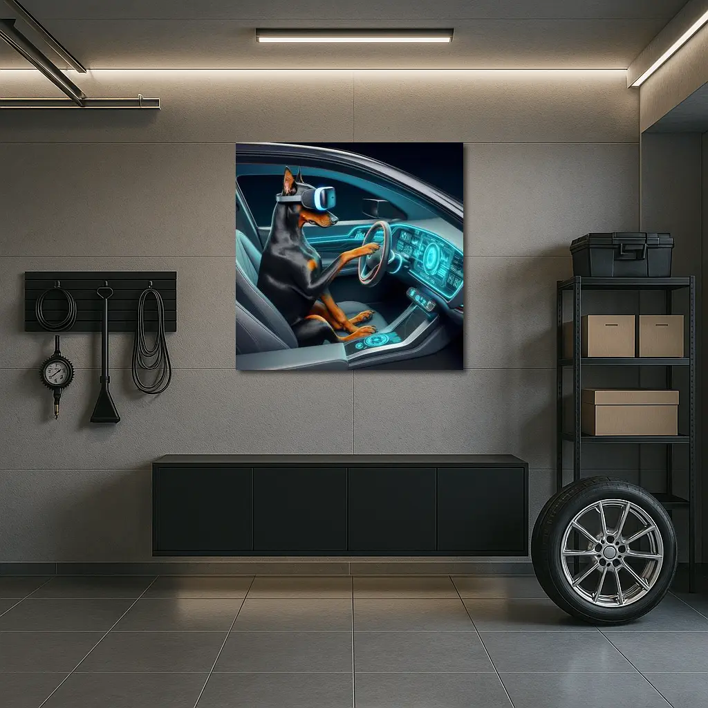 Doberman Driving Futuristic Car VR Headset – Wall Art