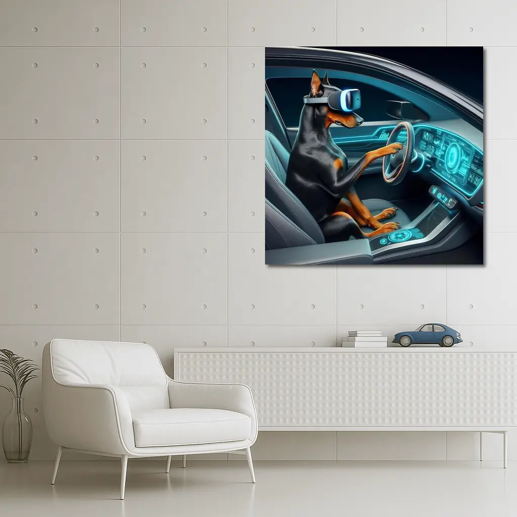 Doberman Driving Futuristic Car VR Headset – Wall Art