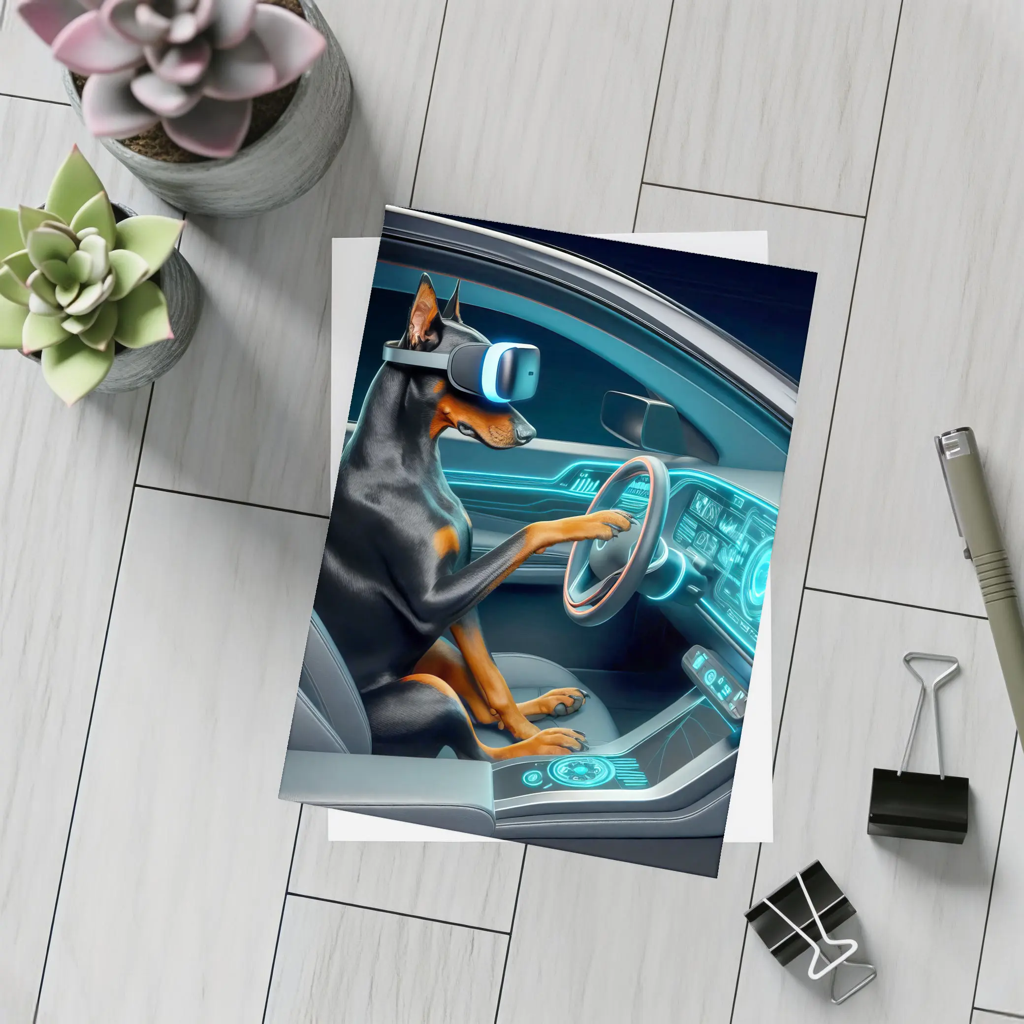 Doberman Driving Futuristic Car VR Headset – Postcards