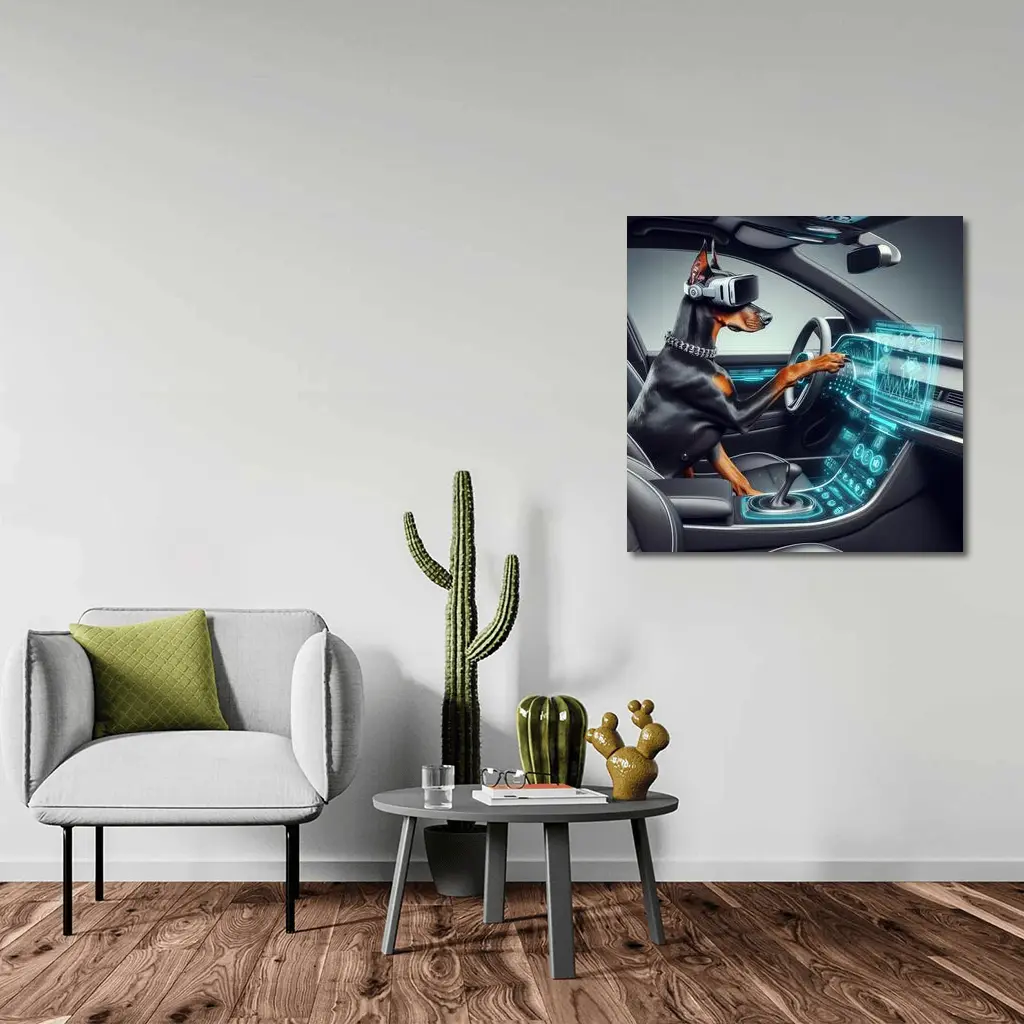 Doberman Pinscher Driving Futuristic Car Interior – Wall Art