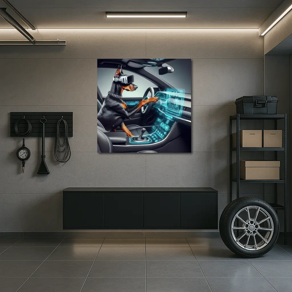 Doberman Pinscher Driving Futuristic Car Interior – Wall Art