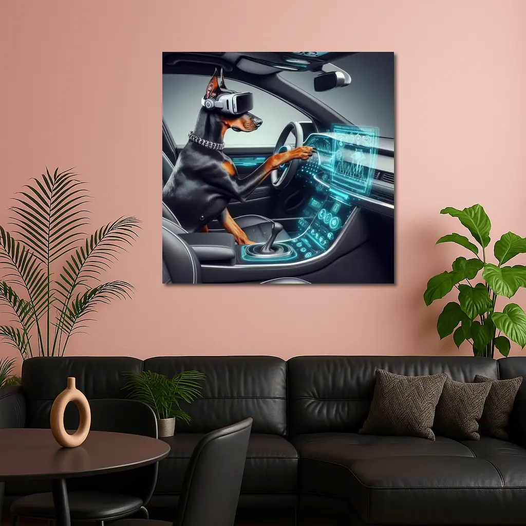 Doberman Pinscher Driving Futuristic Car Interior – Wall Art