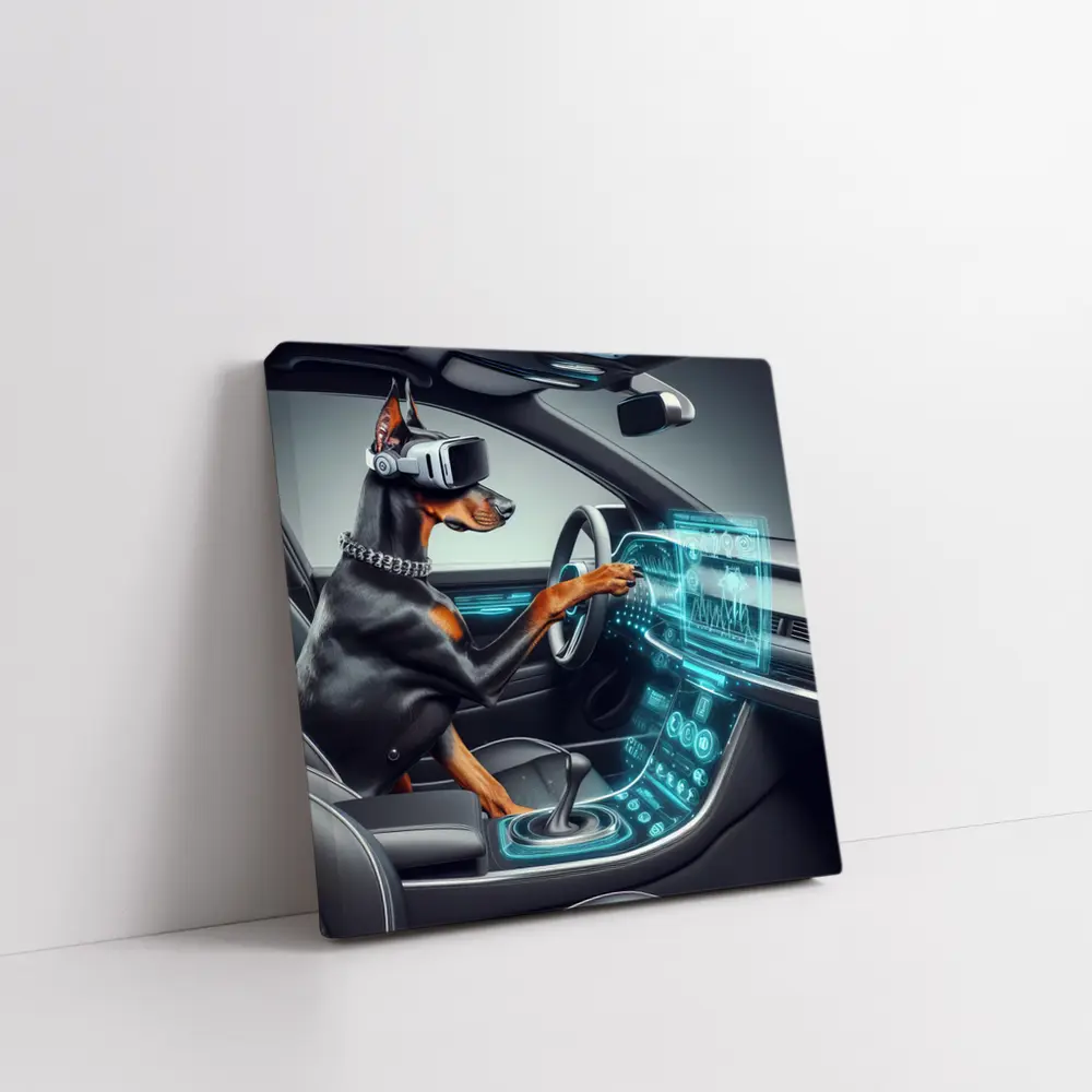 Doberman Pinscher Driving Futuristic Car Interior – Wall Art