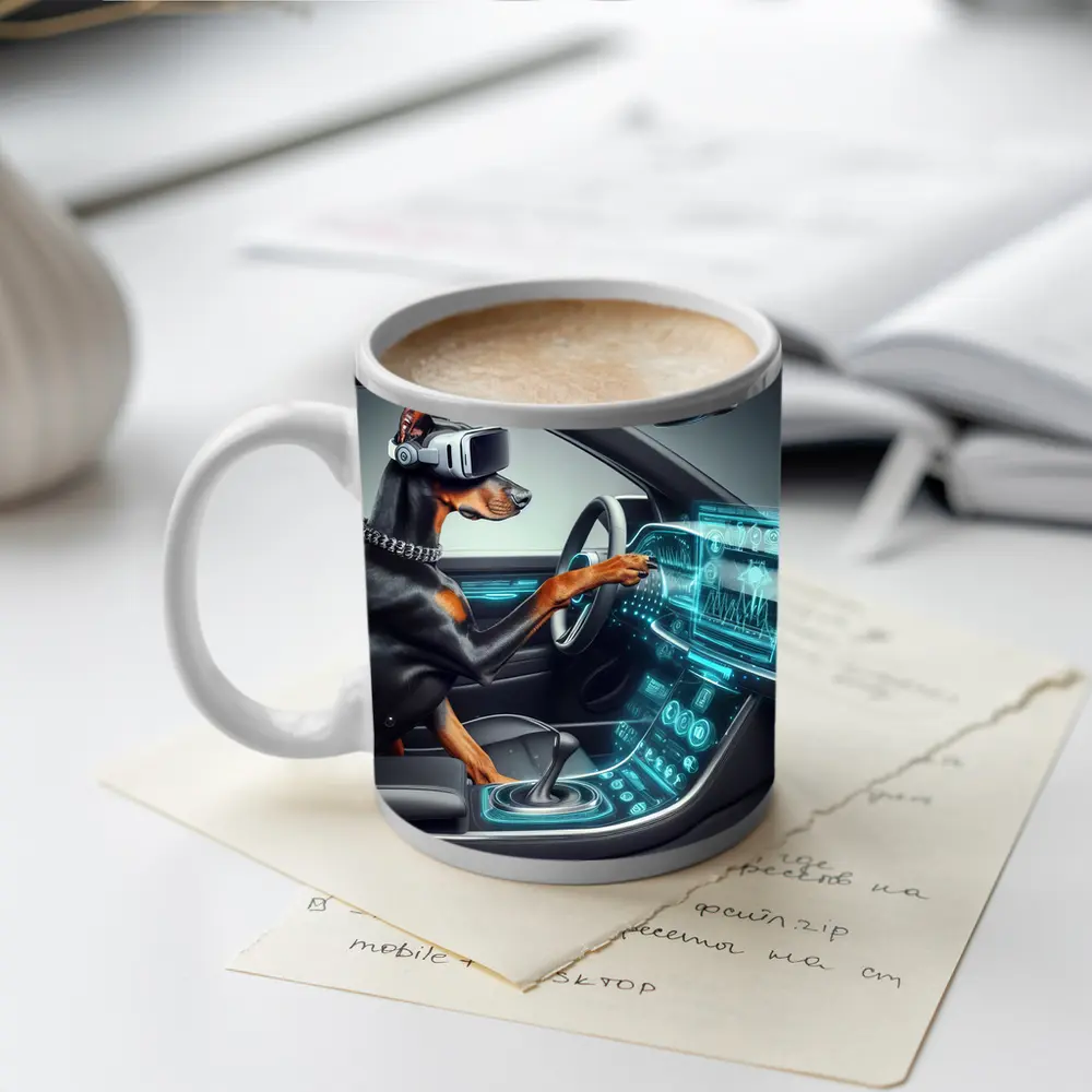 Doberman Pinscher Driving Futuristic Car Interior – Mugs