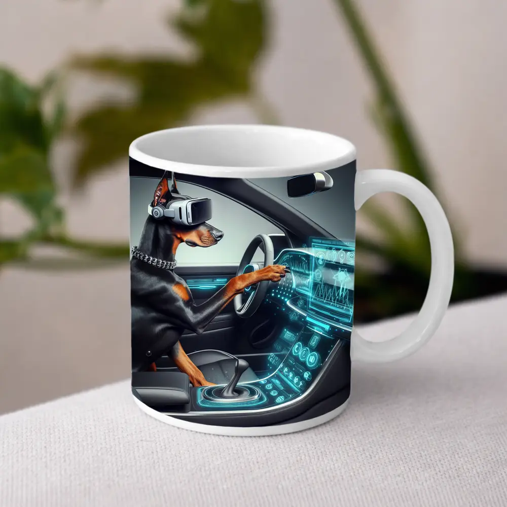 Doberman Pinscher Driving Futuristic Car Interior – Mugs