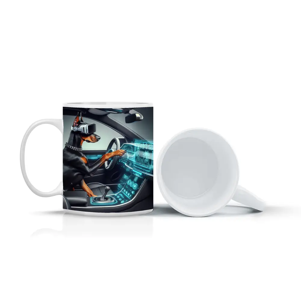 Doberman Pinscher Driving Futuristic Car Interior – Mugs