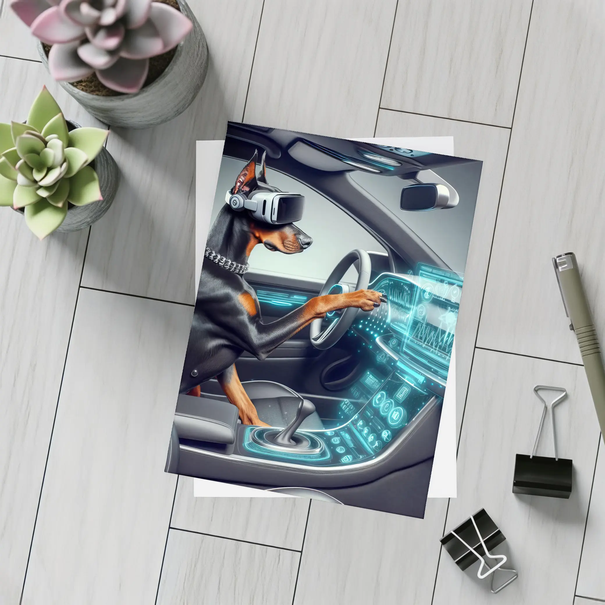 Doberman Pinscher Driving Futuristic Car Interior – Postcards