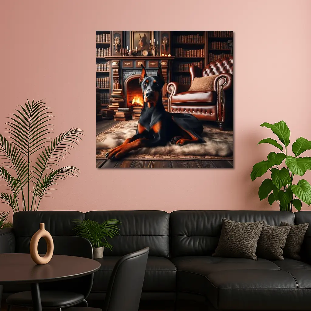 Doberman Pinscher Resting by Cozy Fireplace Library – Wall Art