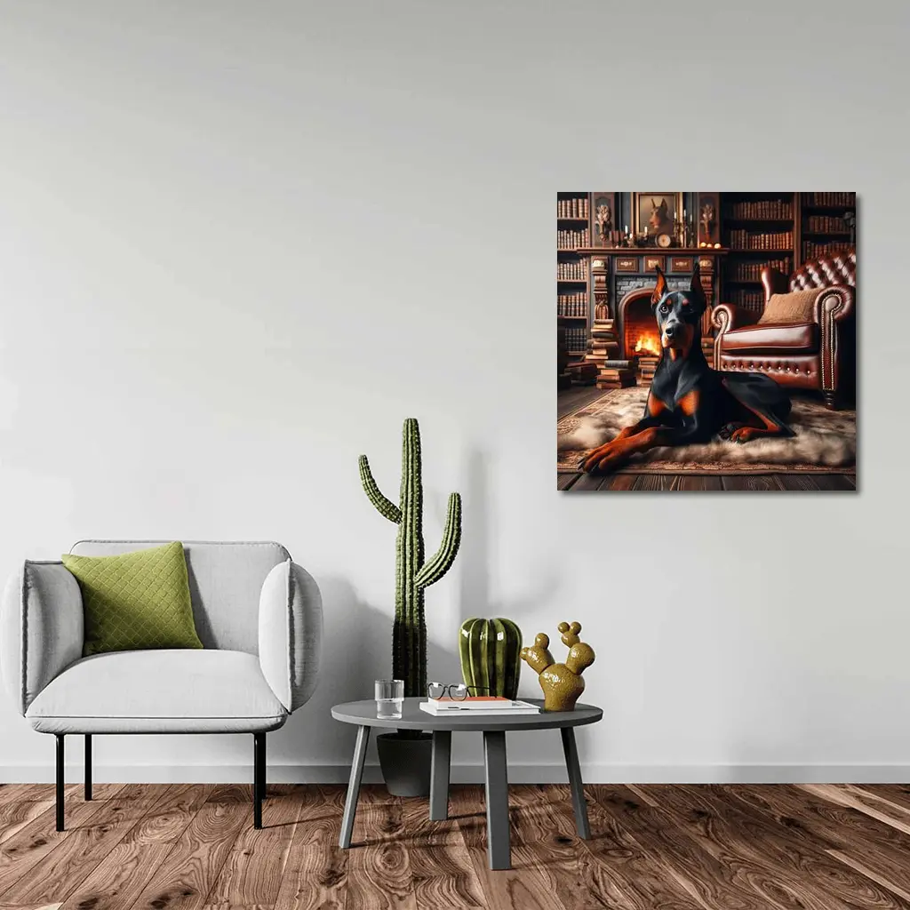 Doberman Pinscher Resting by Cozy Fireplace Library – Wall Art