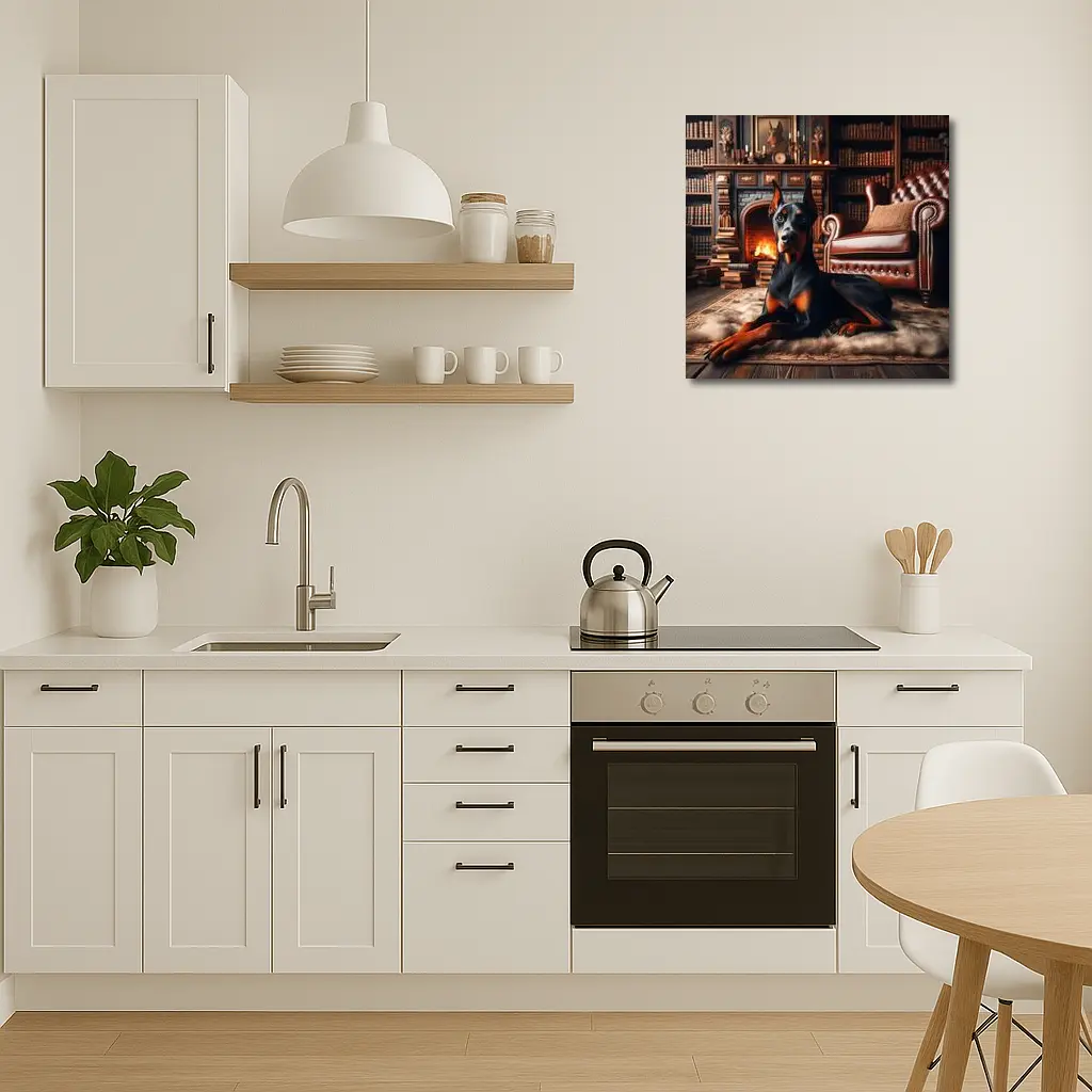 Doberman Pinscher Resting by Cozy Fireplace Library – Wall Art