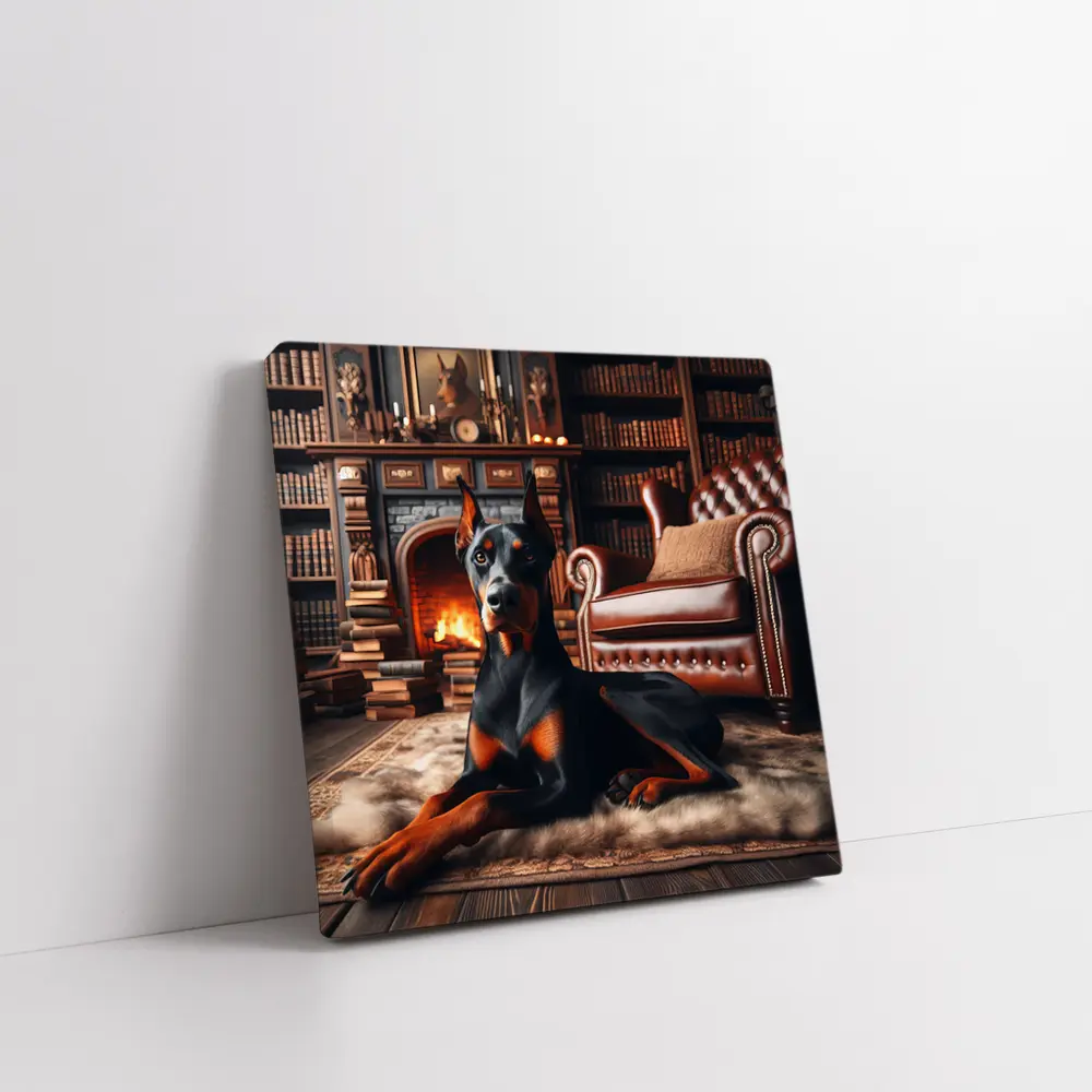 Doberman Pinscher Resting by Cozy Fireplace Library – Wall Art