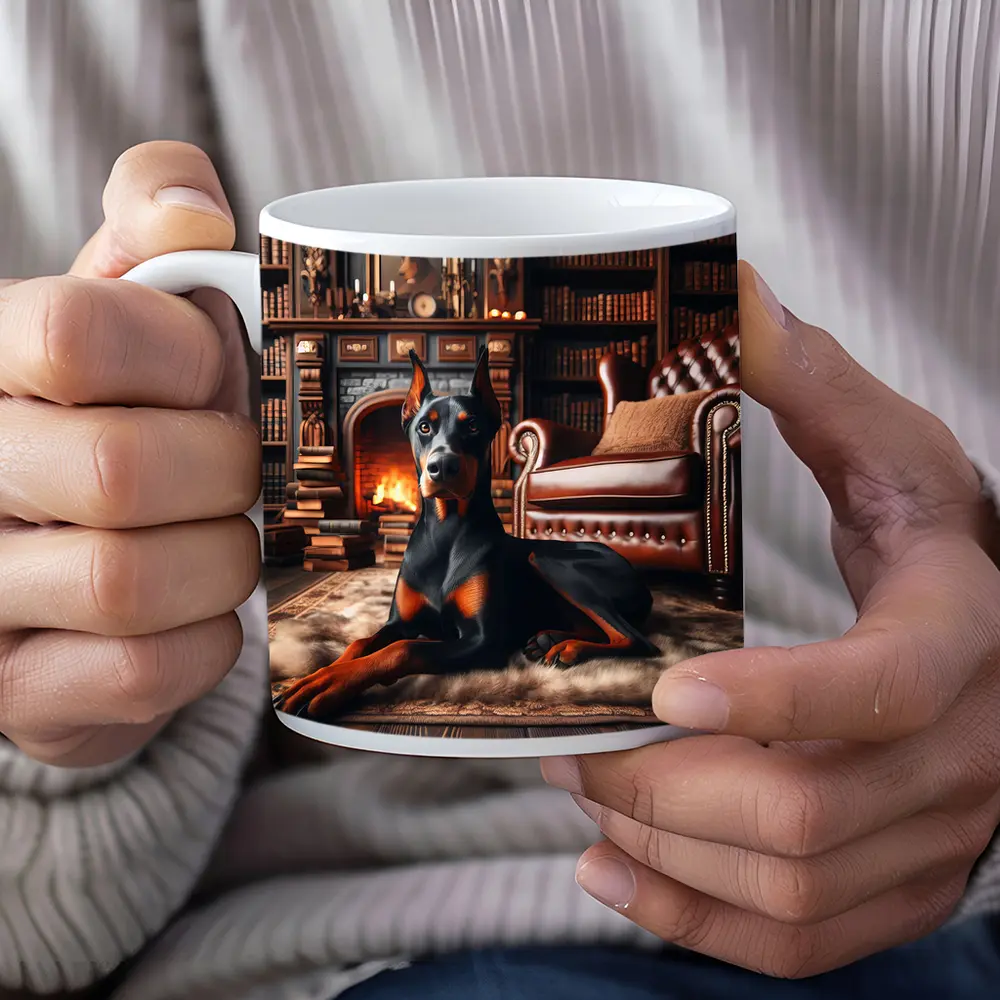 Doberman Pinscher Resting by Cozy Fireplace Library – Mugs
