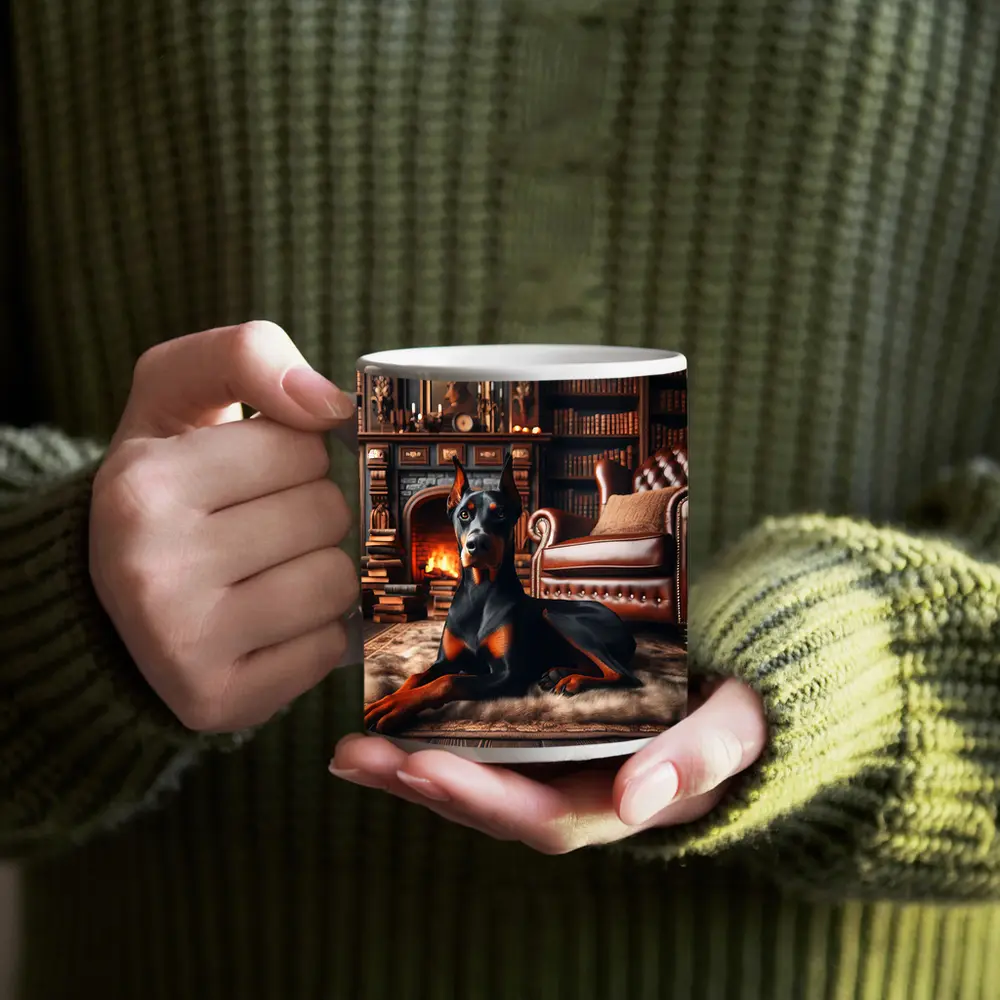 Doberman Pinscher Resting by Cozy Fireplace Library – Mugs