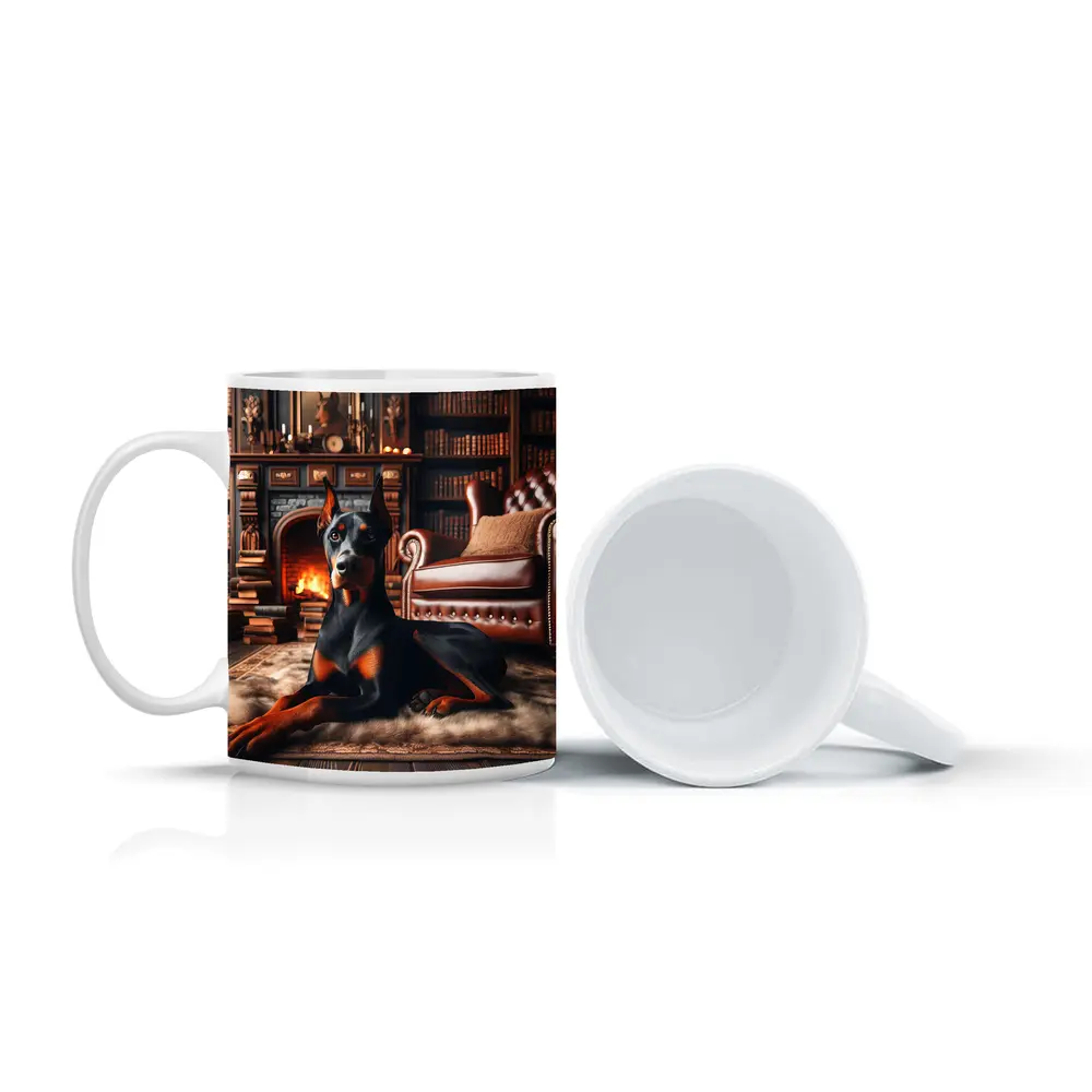 Doberman Pinscher Resting by Cozy Fireplace Library – Mugs