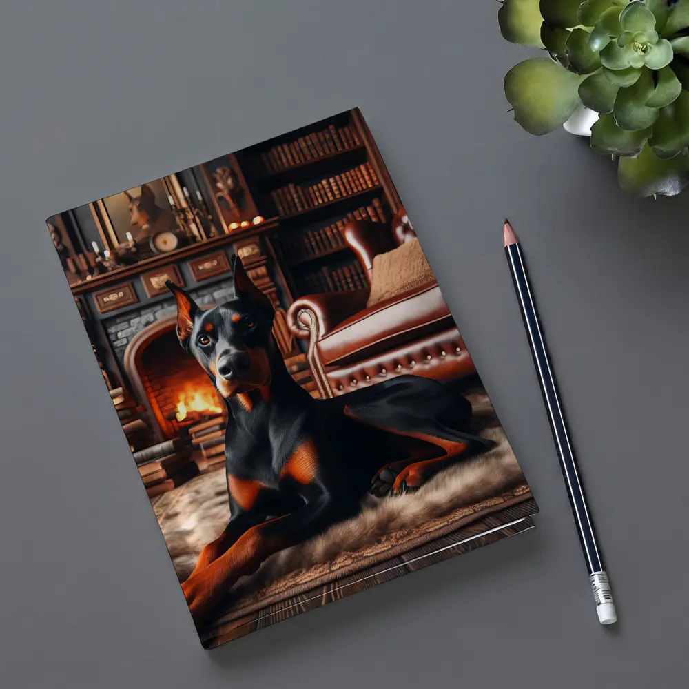 Doberman Pinscher Resting by Cozy Fireplace Library – Notebooks