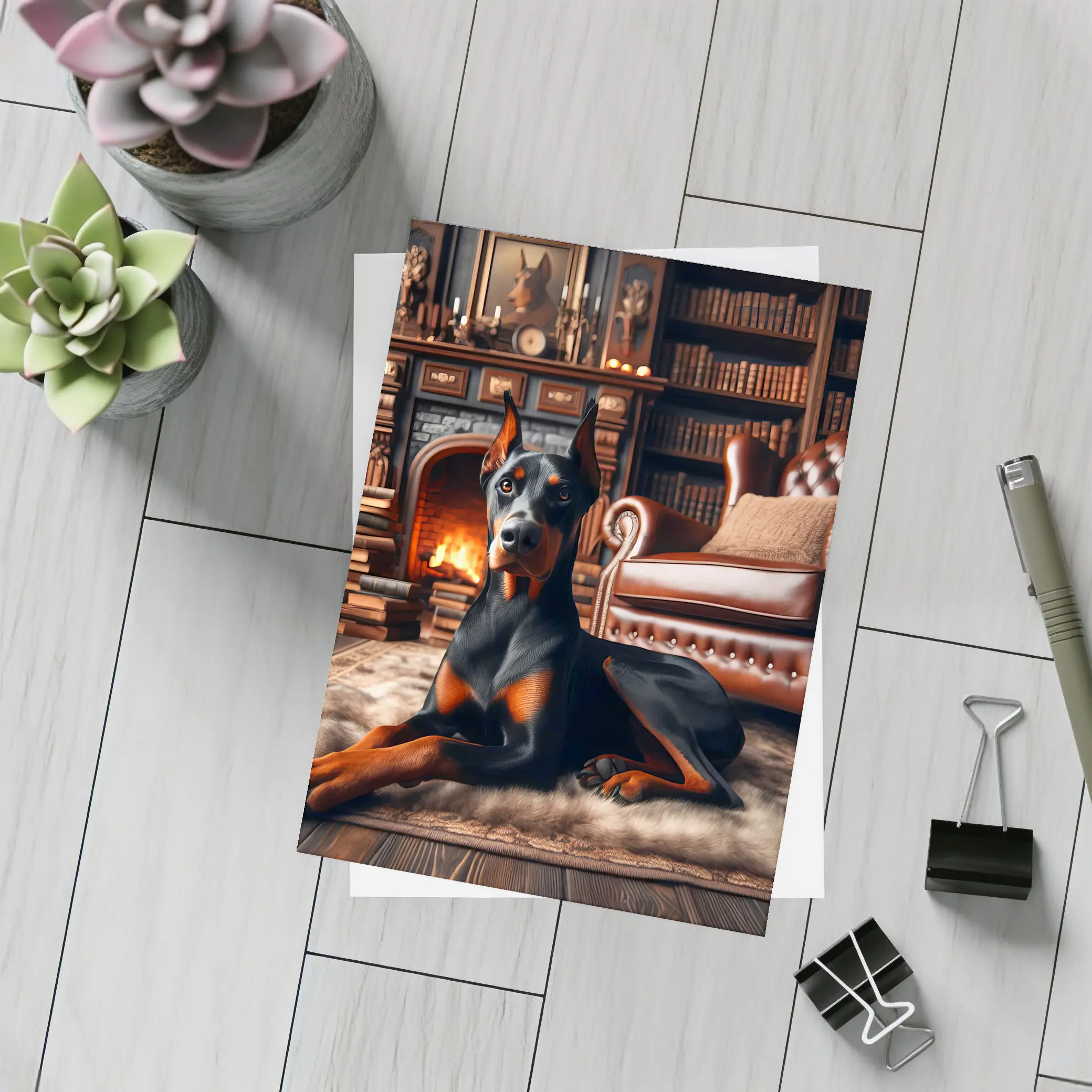 Doberman Pinscher Resting by Cozy Fireplace Library – Postcards