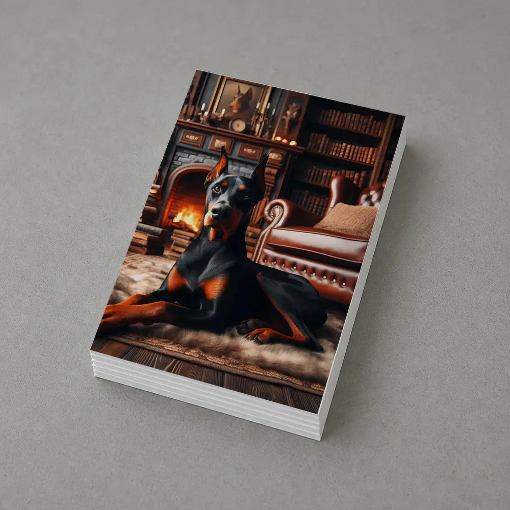 Doberman Pinscher Resting by Cozy Fireplace Library – Postcards
