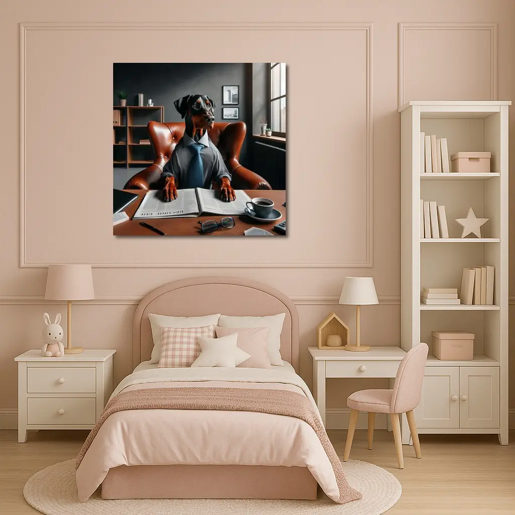 Doberman Pinscher Boss Reading Newspaper Office – Wall Art