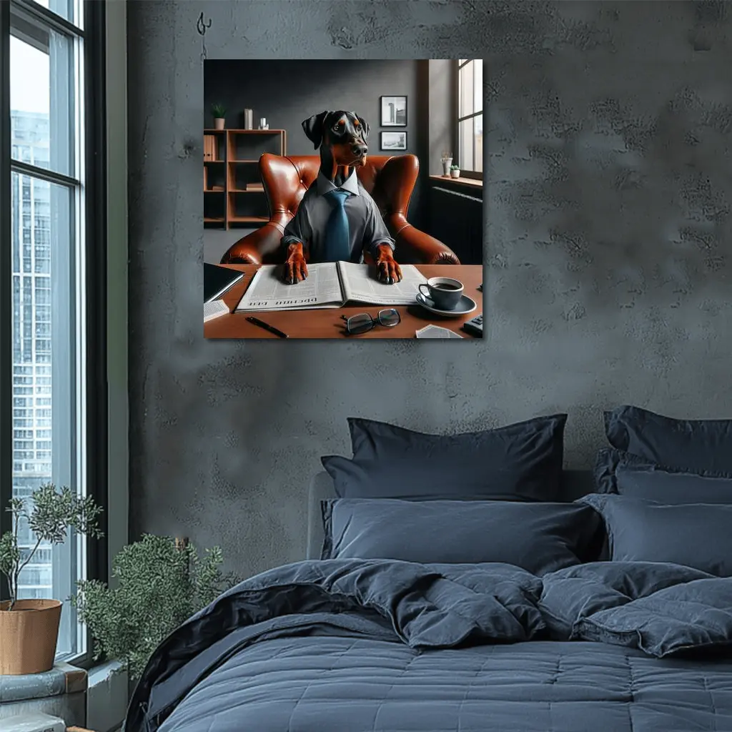 Doberman Pinscher Boss Reading Newspaper Office – Wall Art