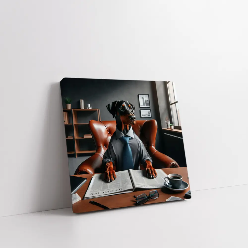 Doberman Pinscher Boss Reading Newspaper Office – Wall Art