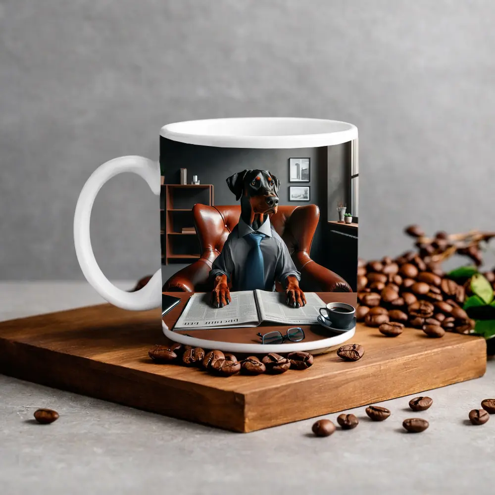 Doberman Pinscher Boss Reading Newspaper Office – Mugs
