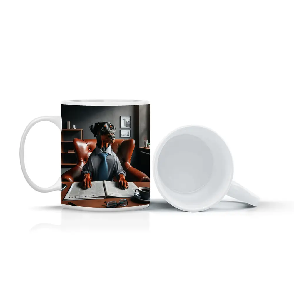 Doberman Pinscher Boss Reading Newspaper Office – Mugs