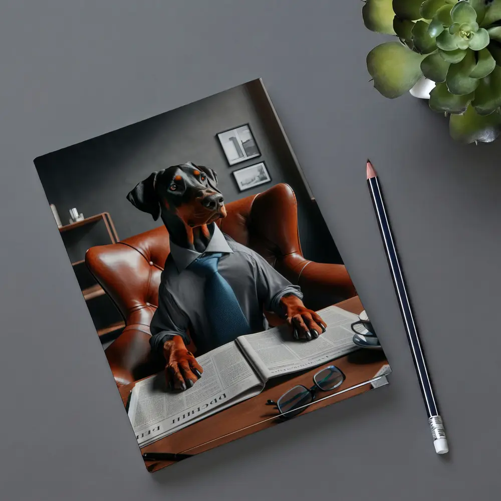 Doberman Pinscher Boss Reading Newspaper Office – Notebooks