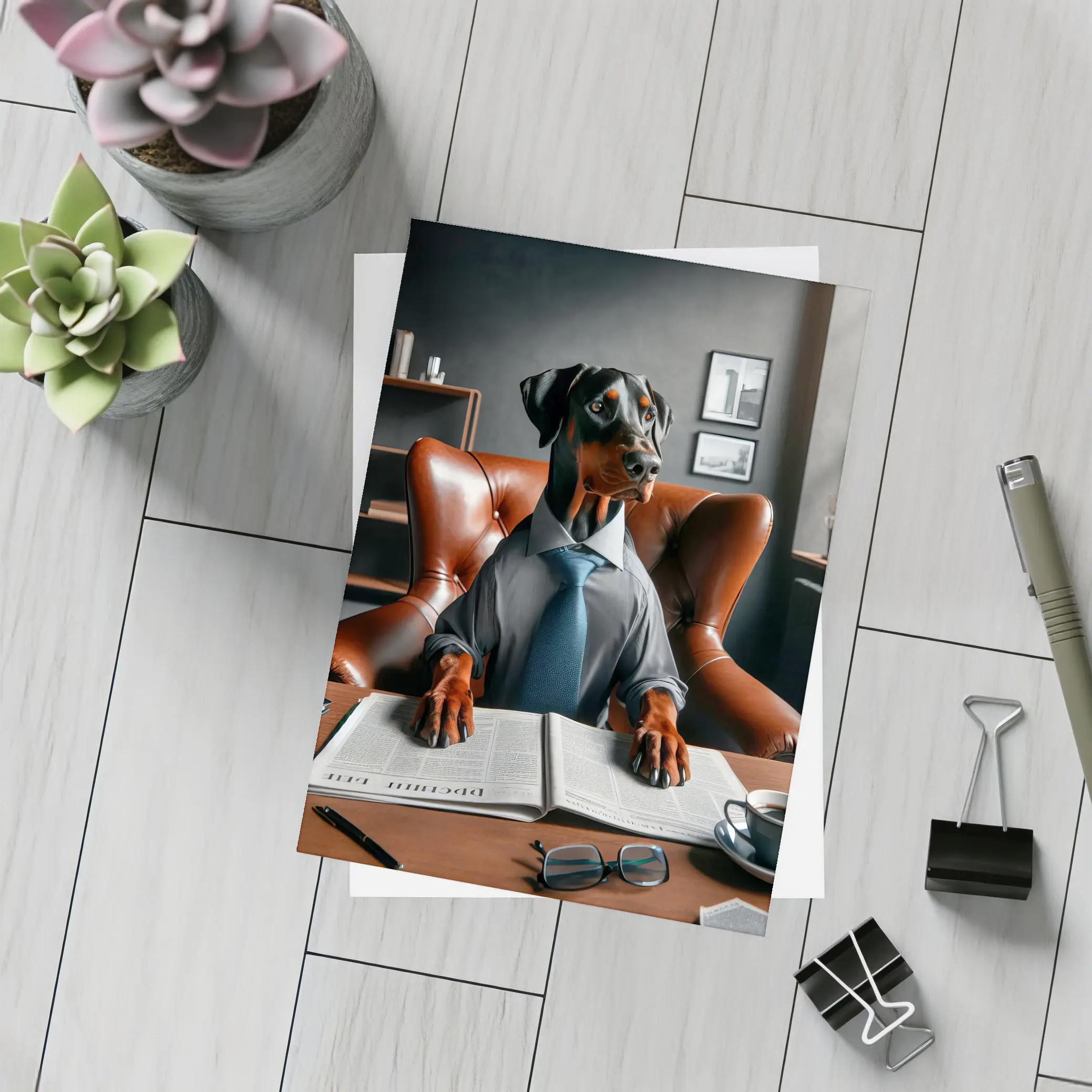 Doberman Pinscher Boss Reading Newspaper Office – Postcards
