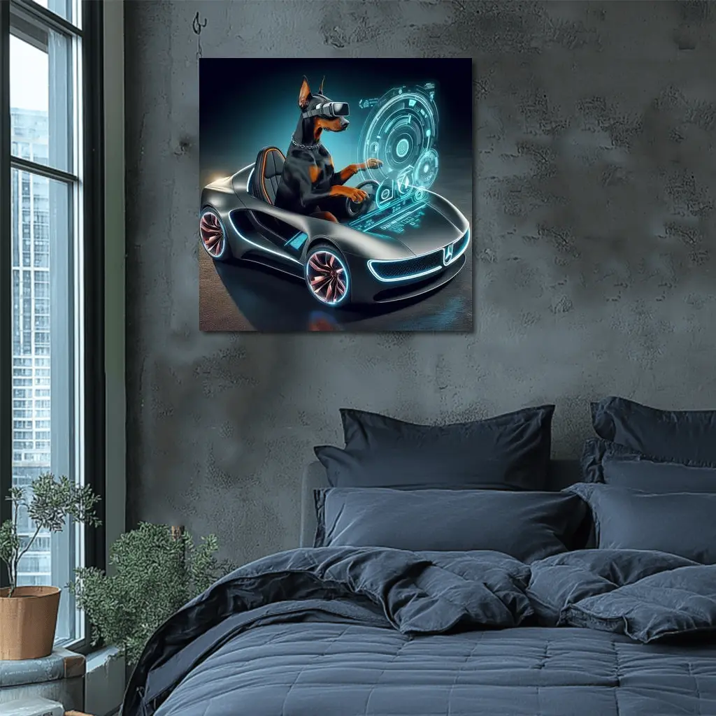 Doberman Pinscher Driving Futuristic Sports Car – Wall Art