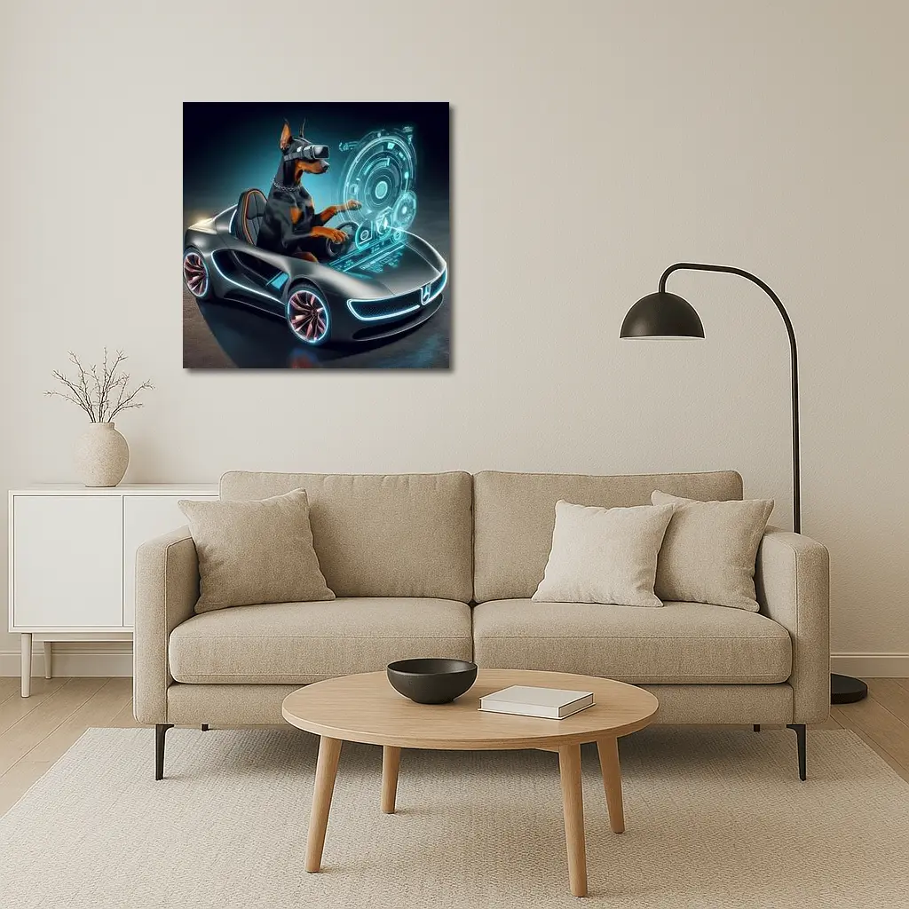 Doberman Pinscher Driving Futuristic Sports Car – Wall Art